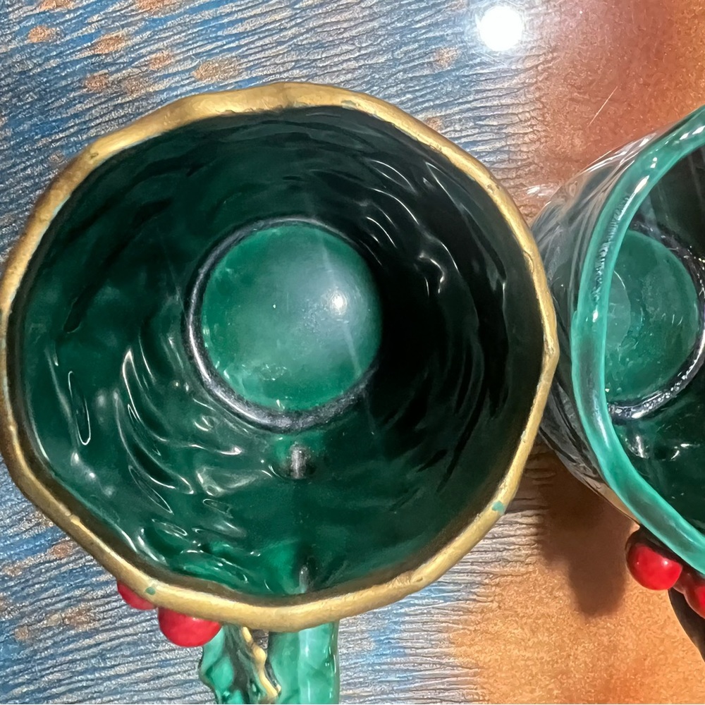 Vintage MCM Lefton Japan Green Holly Leaves Ceramic Christmas Demitasse set of 2 - Picture 10 of 11
